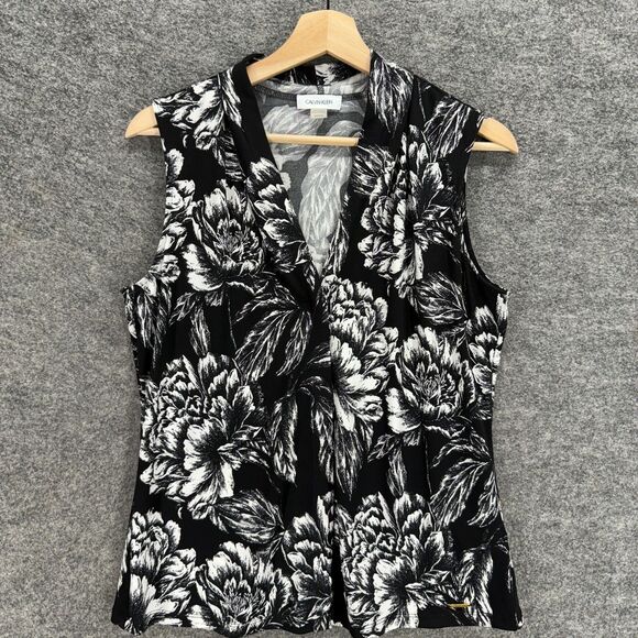 Calvin Klein Blouse Women M Medium Black Floral V-Neck Sleeveless Wide Strap - Picture 1 of 7